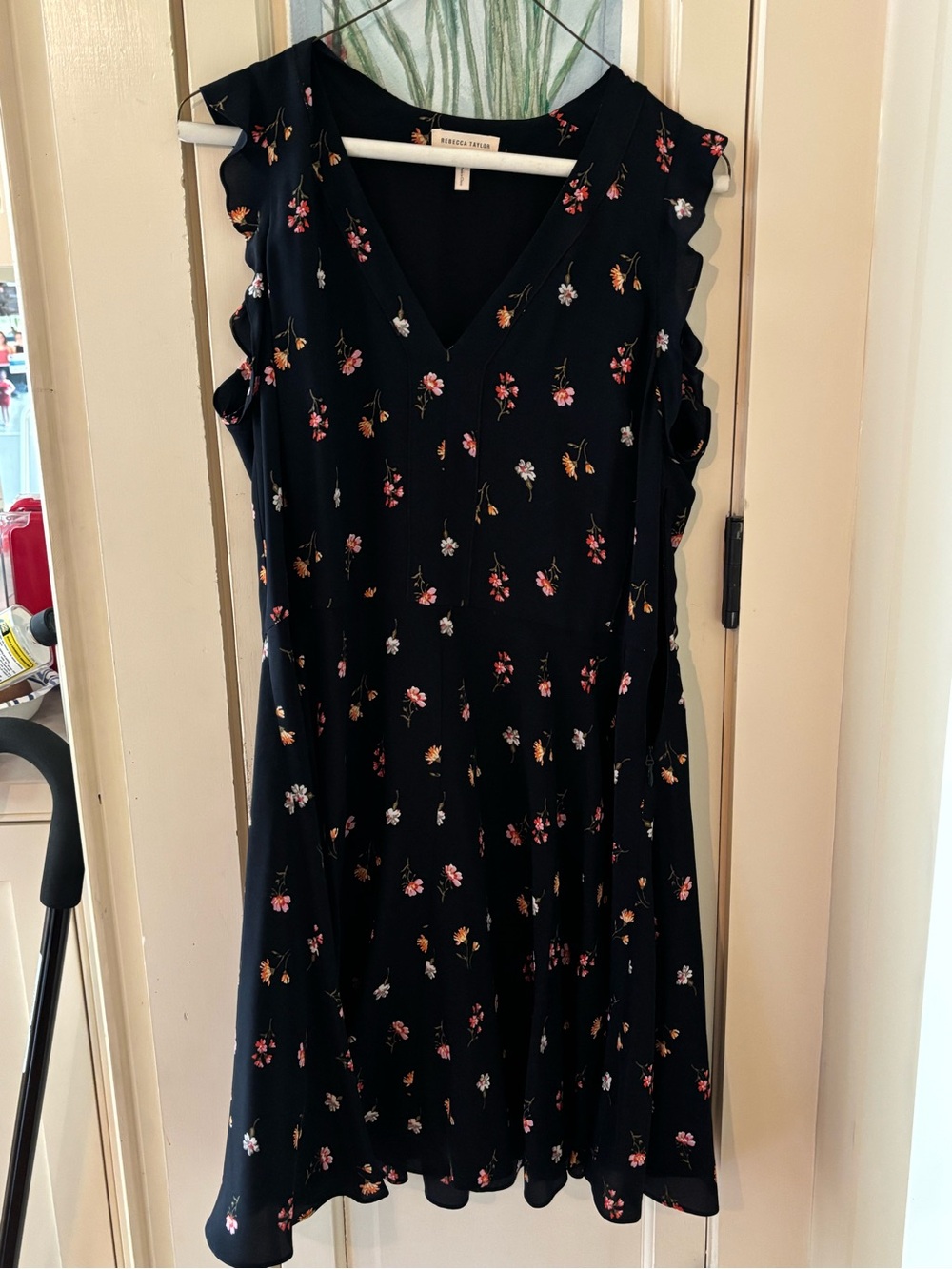 Rebecca Taylor Black Floral V-Neck Ruffle Dress